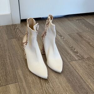 Pashion Footwear Cream Ribbed Sock Booties with Brown Snake-Print Heel